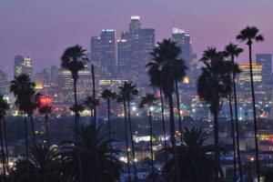 Downtown Los Angeles skyline at dusk with silhouetted palm trees and city lights, illustrating opioid addiction awareness in Los Angeles County